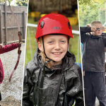 a collage of 3 images of cubs partaking in adventerous activities on a district cub camp