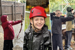 a collage of 3 images of cubs partaking in adventerous activities on a district cub camp
